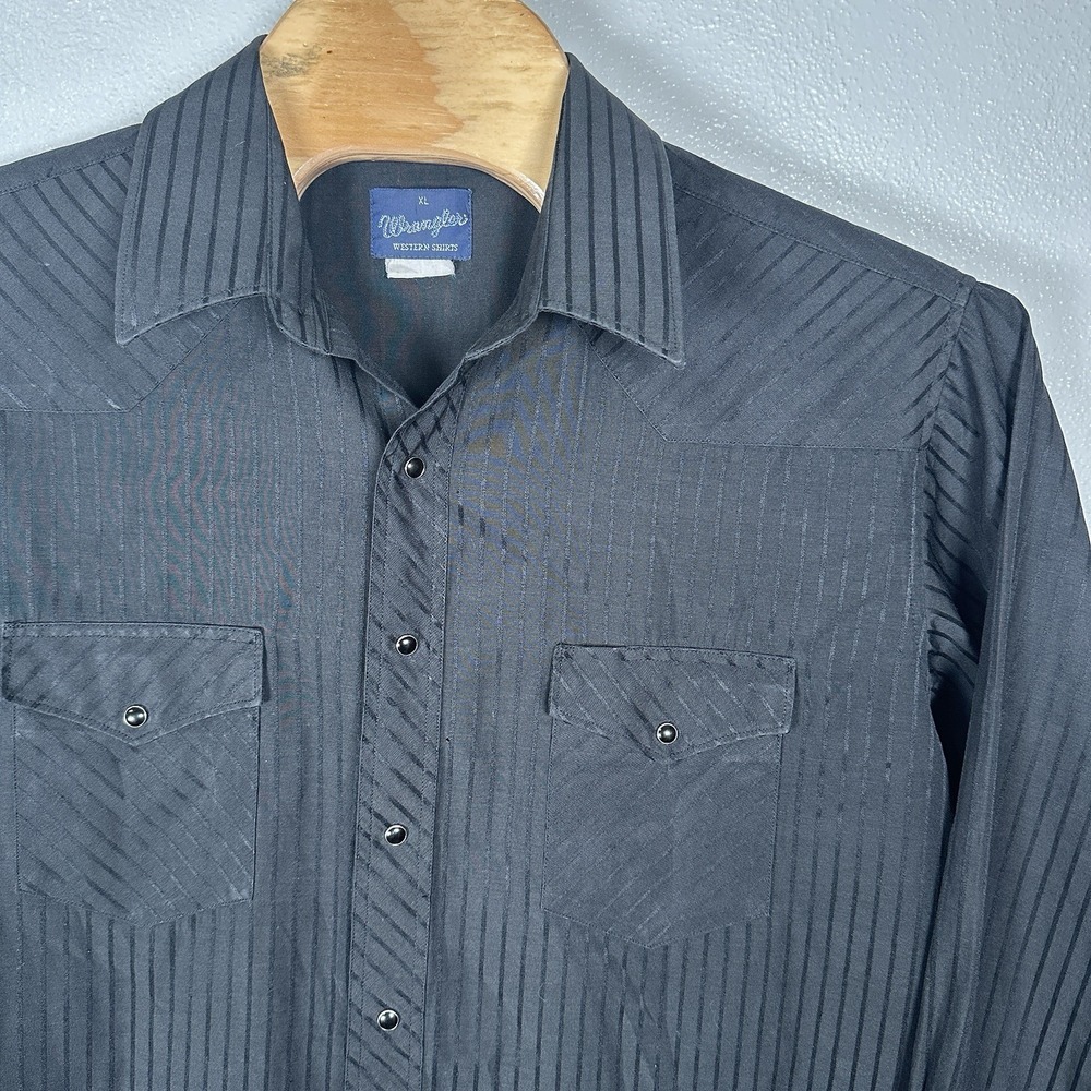 Wangler Western Vintage Shirt‎ Mens XL Black Striped Pearl Snap Pockets Rodeo